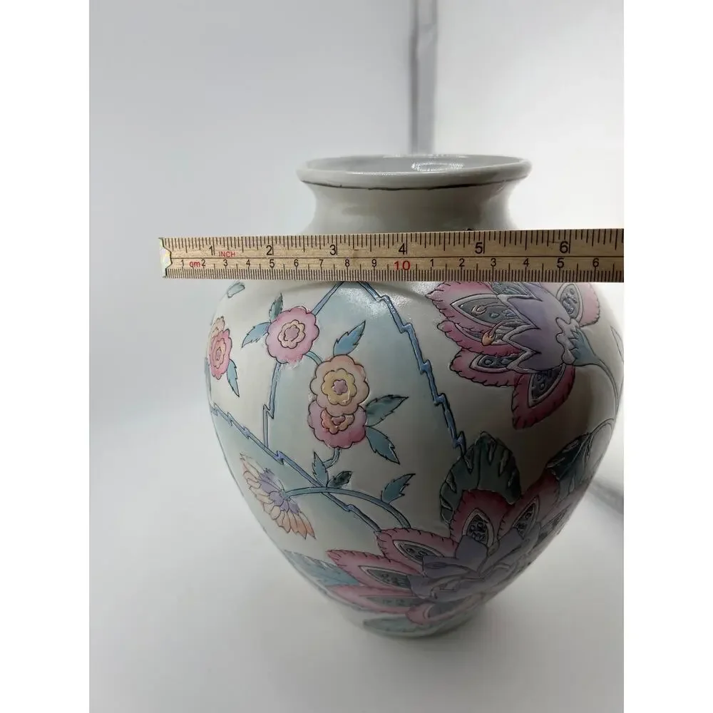 Vintage Chinoiserie‎ Floral Vase Vintage 90s Pink Blue Bold Flowers